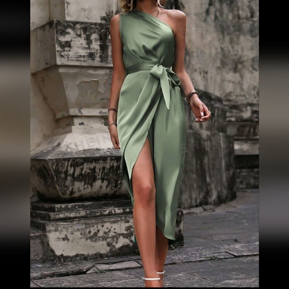 NWT SheIn Satin One Shoulder Draped Tie Belt High Slit Sage Green Midi Dress